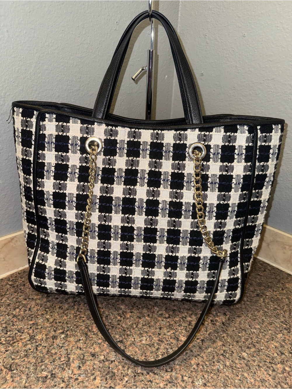 kate spade Black and White Plaid Chain-Handle Tote - Picture 3 of 6